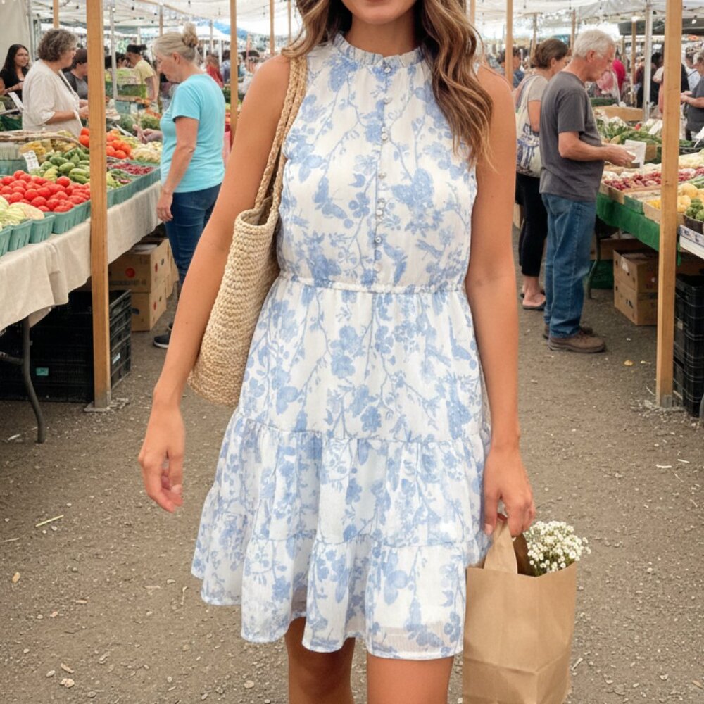 Steve Madden Finley Mini Dress Blue/White Floral/Butterfly Sz M Coquette Fairy